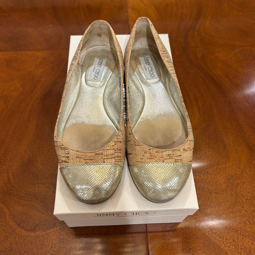 Jimmy Choo Beige and Metallic Flats